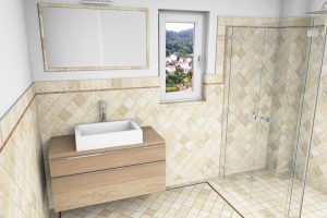 CAD-Plan für ein Bad mit Terrracotta-Fliesen - Sicht auf Waschbecken