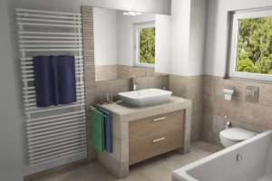 CAD-Plan für ein Bad mit XL-Naturstein-Fliesen - Blick aufs Waschbecken Waschbecken